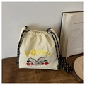 Sac bandoulière en nylon beige avec broderie poppy et cordon à pois élégant - Broderie Lettre POPPY Lapin Cerise / Blanc Cassé