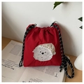 Sac à cordon en nylon rouge avec broderie Bichon Frisé et bandoulière rayée élégante - Broderie Chien Bichon Chapeau Floral / Rouge