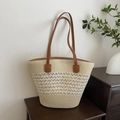 Beige and light brown straw woven tote bag with leather handles for summer vacation fashion - Off White