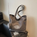 Dark grey canvas tote bag set with matching mini pouch and logo embroidery for commute - Dark Brown