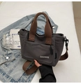 Sac bandoulière minimaliste en toile gris foncé avec poignées tissées marron pour femmes - Brun Foncé