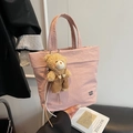 Pale pink casual nylon tote bag with cute plush bear pendant and black embroidered logo - Pink (With Pendant)