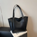 Classic black PU leather tote bag with large capacity and elegant minimalist design - Black