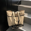 Minimalist beige large capacity tote bag with black contrast straps for daily commute - Khaki