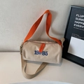 Bolso bandolera cilíndrico de lona crema y naranja con bordado azul 1985 EST - Caqui