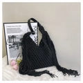 Handmade black woven tote bag with tassels and adjustable leather shoulder strap - Black