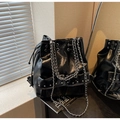 Black glossy patent leather drawstring bucket bag with silver chains and rivets - Black