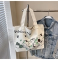 White canvas tote bag with black Valentine's day text and cute cartoon cats - Green