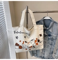 Cream canvas tote bag with cute cartoon cat patterns and Valentine's day text - Orange