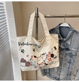 Off-white canvas tote bag featuring cute cartoon cats and Valentine's Day print - Pink