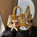 Contrast color bucket bag in yellow faux leather and canvas with a cute dog charm - Yellow with Pendant
