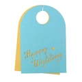 Dettaglio di segnaposti glitterati per calici da matrimonio con scritta Happy Wedding - Azzurro + Oro