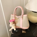 Pink and beige canvas tote bag with a cute puppy charm and leather trim details - Pink with Pendant