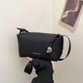 Minimalist black square shoulder bag with white fashion print and broad nylon strap - Black