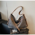 Large grey canvas tote bag with brown leather straps and yellow TCT embroidery detail - Dark Brown