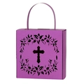 Detail of laser-cut cross and floral pattern on pearlescent purple candy gift box - Dark Purple