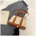 Brown leather trim and cream canvas bucket bag with adjustable shoulder strap - Brown No Pendant