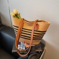 Brown woven rope tote bag with black stripes and brown faux leather shoulder straps - Black