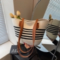 Striped woven tote bag with brown PU leather handles and elegant minimalist design - Off-white