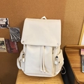 Minimalist off-white vintage PU leather backpack with silver metal buckles and drawstring - White