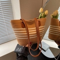 Brown woven rope tote bag with white stripes and faux leather handles for summer vacation - White & Khaki