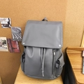 Gray faux leather travel backpack with drawstring flap and metal snap closure - Gray