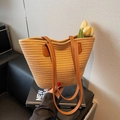 Khaki woven tote bag with brown faux leather straps for summer casual beach commute style - Khaki