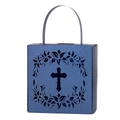 Blue laser-cut cross gift box made of pearlescent paper with floral wreath and handle - Magic Blue