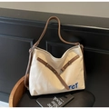 Beige canvas tote bag with brown leather straps and JCT letter embroidery detail - Beige Grey