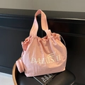 Chic pink pleated nylon tote bag with drawstring closure and matching coin purse - Pink
