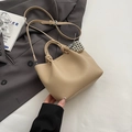 Beige lychee leather bucket bag with knotted handle and elegant pearl charm detail - Dark Khaki With Pendant