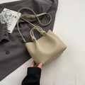 Beige litchi grain bucket bag with knot handle and adjustable strap for women - Light Khaki Without Pendant