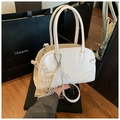 White faux leather crescent handbag with cross-stitch details and pearl lace charm - With Pendant / White