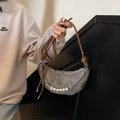 Retro grey denim crescent handbag with silver chains, large white pearls and brown rope - Dark Brown