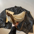 Beige quilted crescent shoulder bag with brown leather strap and decorative silver chains - Off White