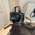 Mini black patent leather crossbody bag with silver buckle and fashion lettering - Black