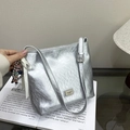 Silver croissant chain shoulder bag with metallic wrinkled texture and cute doll charm - Silver