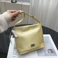 Chic cream yellow croissant shoulder bag with pleated leather and adjustable strap - Yellow