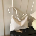 Minimalist cream woven tote bag with premium leather texture for stylish daily commuting - White