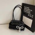 Retro black leather bowling bag with silver zipper and pearl bow charm accessory - Black with Pendant