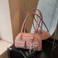 Pink lychee leather bowling bag with pearl bow and silver heart pendant decoration - Pink with Pendant