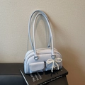 Light blue lychee leather shoulder bag with pearl bow charm and dual strap design - Blue with Charm