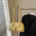Yellow pebble leather pillow bag with dual front flap pockets and silver metal zippers - Yellow Without Pendant