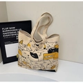 Beige Canvas-Tragetasche mit niedlichem Katzen-Print und sicherem Reißverschluss - Beige