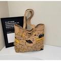 Khaki Canvas-Einkaufstasche mit Cartoon-Katzen-Print und sicherem Reißverschluss - Khaki