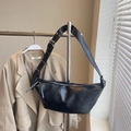 Retro black leather dumpling bag with oily texture and adjustable wide shoulder strap - Large / Black