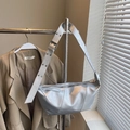 Silver matte leather half-moon crossbody bag with eyelet strap and metallic finish - Large / Silver