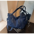 Borsa tote vintage in denim blu navy con tasche a cerniera e tracolla regolabile - Blu scuro