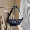 Black hobo bag with adjustable silver eyelet strap and polished synthetic leather finish - Small / Black