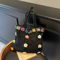 Black knit tote bag with 3D handmade floral crochet patterns and bohemian style straps - Black
